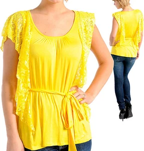 New Women's Shirt Blouse Top T-Shirt w Lace Ruffles w Belt Yellow S M Juniors - Picture 1 of 2