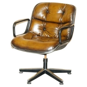 1 OF 2 VINTAGE UNIQUE CHARLES POLLOCK KNOLL RESTORED BROWN LEATHER OFFICE CHAIRS - Picture 1 of 23