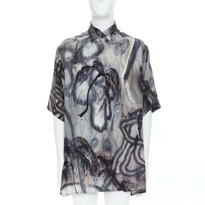 YOHJI YAMAMOTO 100% silk grey beige abstract print relaxed shirt JP2 M - Picture 1 of 9