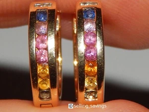 14K YELLOW GOLD SAPPHIRE & DIAMOND 6/10th INCH LEVERBACK HIGGIE HOOP EARRINGS - Picture 1 of 7