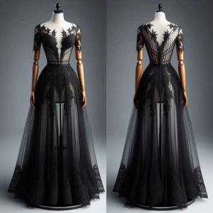 Gothic Schwarz Brautkleider Tiefer V Ausschnitt Langarm A Linie Brautkleider - Bild 1 von 9