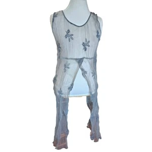 Vintage 90s Sheer Split Tank Tunic Embroidered Sage Green S/M Festival Boho - Picture 1 of 5