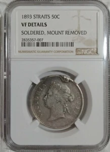 STRAITS SETTLEMENTS VICTORIA 50cent 1893 YEAR VF DETAILS RARE - Picture 1 of 2