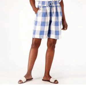 NWT Denim & Co Naturals Plus Size Blue Plaid Linen Blend d Smocked Waist Size 5X - Picture 1 of 5