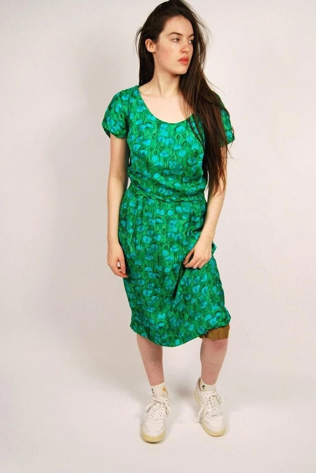 60s Floral Dress (M) vintage green abstract sheath medium midi tie sheath mod 50 - Image 1 of 4