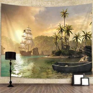 Pirate Ship Island Wall Art Poster Tapestry Wall Hanging Large Fabric Background - Picture 1 of 7