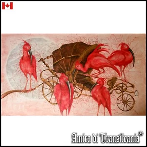 contemporary art painting modern figurative animal bird red flamingo vintage car - Picture 1 of 24
