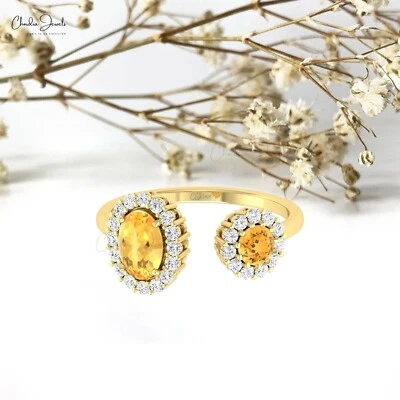 Anillo de oro macizo de 14 quilates de 0,95 CTW citrino y diamante con doble halo banda abierta regalo Foto 1 de 4