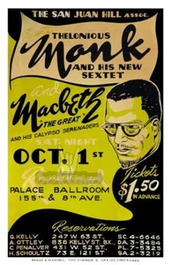 PÓSTER CONCIERTO THELONIOUS MONK 1949 11x17 Rockland Palace Harlem NY JAZZ POP ART - Imagen 1 de 1