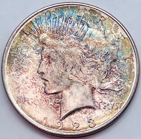 1923-D Gem BU Peace Silver Dollar Wild Rainbow Toning RD 669 Cover