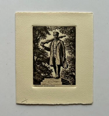 Kleine Radierung Crefeld Krefelder Seidenweber Figur Staue im Park - Bild 1 von 4