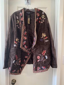 TOLANI COLLECTION Embroidered Jacket w/ Roll tab Sleeves BROWN sz LARGE - Picture 1 of 3