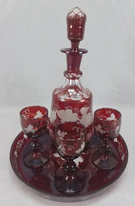 Bohemian Ruby Stained Engraved Grapevine & Honeycomb Cut Liquor Set C.1870-1880s - Picture 1 of 13