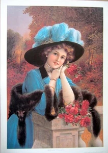 art print~CARNATION LADY~Victorian Woman with Blue Feather Hat fur vtg rep 17x24 - Picture 1 of 1