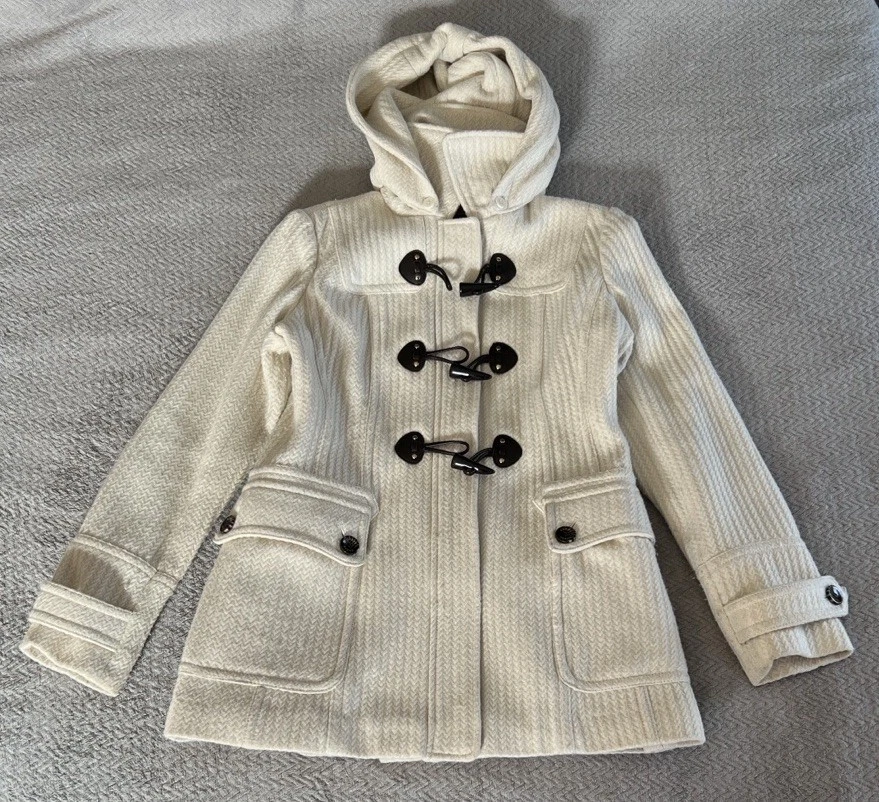 Guess Cream Knit Hooded Fall Coat Brown Toggle Cozy Vintage Style Size M - Image 1 of 4
