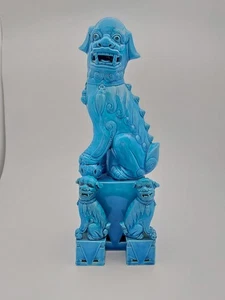 Set of 3 Vintage Chinese Foo Dog Glazed Ceramic Figurines, Blue- 32cm/11.5cm - Picture 1 of 20