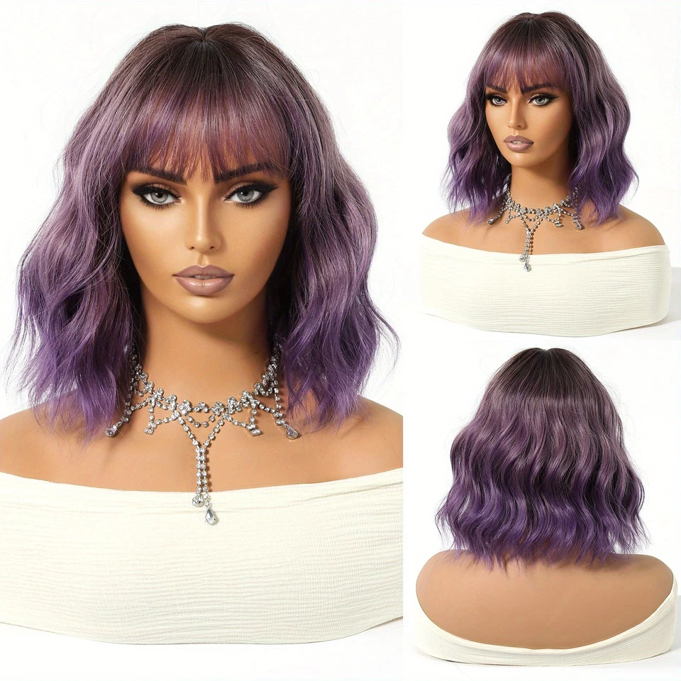 Парик 12 дюймов Ombre фиолетовый короткий кудрявый парик синтетические волосы парик термостойкий парик Bob ежедневно - Изображение 1 из 4