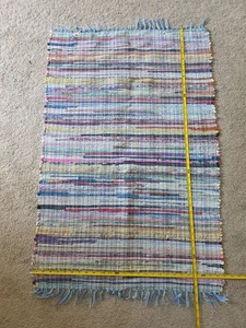 Vtg Blue Yellow Handmade Cotton Rag Rug 41" x 27" Farmhouse Country Primitive - Picture 1 of 4