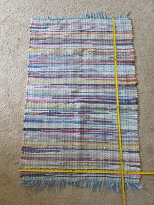 Vtg Blue Yellow Handmade Cotton Rag Rug 41" x 27" Farmhouse Country Primitive - Image 1 of 4