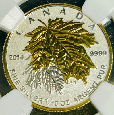 2014 Reverse Proof Gilt Canada 1/10th Toz. SILVER $2 Coin Maple Leaf .9999 PF-70 - Image 1 of 4