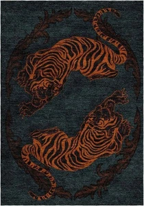 Floral with tiger print Carpets for Living Room and Bedroom | Green Blue - Rusty - Picture 1 of 7