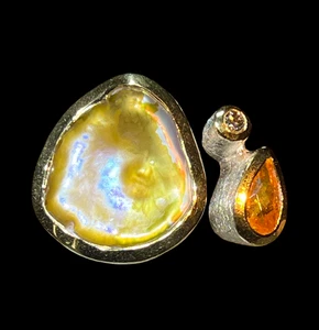 Barock Perle Feueropal und Diamant Ring in Silber mit teilvergoldeter Fassung - Picture 1 of 6