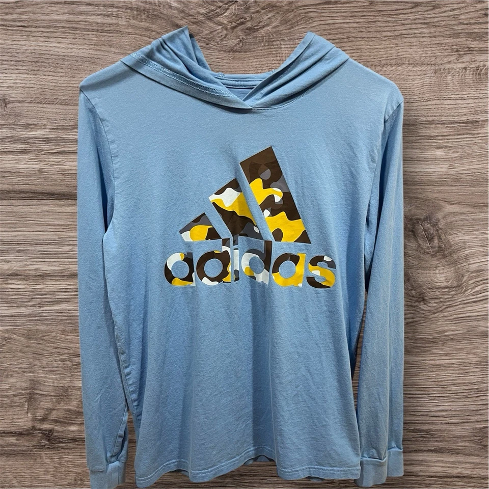 Adidas Long Sleeve Hooded Blue Shirt W/ Camo Logo Boy’s Size XL 18/20 EUC - Image 1 of 3