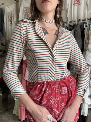 De colección Años 60 Años 70 Multicolor Rayas Tejido Sears Manga Larga Con Botones S🧸 Foto 1 de 4
