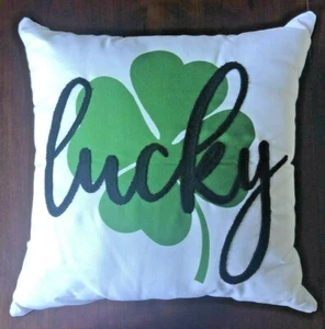 Irish St Patrick's Day Decorative Pillow "Lucky" with Clover Leaf - Picture 1 of 3