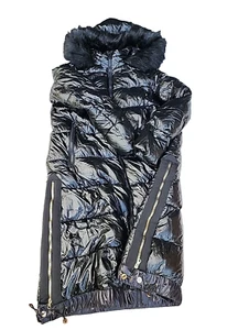Ochnik Ultra Light Metallic Black Side Zip Slits Long Puffer Coat Sz M/L - EC - Picture 1 of 17