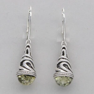 Green BALTIC AMBER Dangle Leverback Earrings 925 STERLING SILVER Poland #3622e - Picture 1 of 10