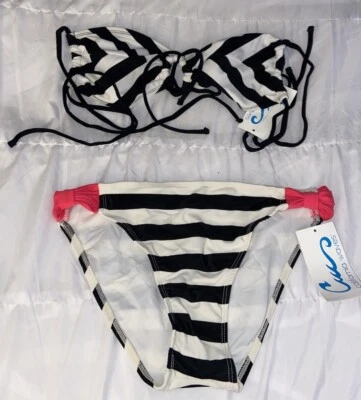 California Waves 2 Piece Swimsuit Striped Bikini Top & Knot Tab Bottom M L (C3) - Image 1 of 2