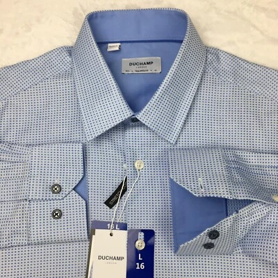 Camisa de vestir Duchamp para hombre grande 16 azul estampado geométrico ajuste a medida ¡NUEVA CON ETIQUETAS! Foto 1 de 4