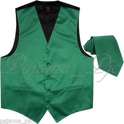 Emerald Green XS - 6XL Solid Tuxedo Suit Dress Vest Waistcoat & Neck tie Wedding - Image 1 of 3