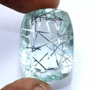 Natural 56 Ct Silver Needle Cushion Cut Rutilated Quartz Loose Doublet Gemstone - Picture 1 of 7
