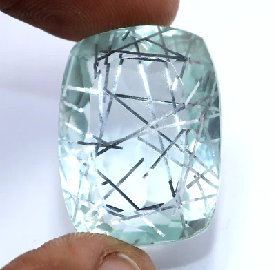 Natural 56 Ct Silver Needle Cushion Cut Rutilated Quartz Loose Doublet Gemstone - Image 1 of 4