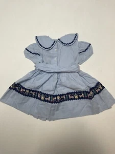 Vintage 1940s Kids Dress Belted Graphic Print Kate Greenaway Light Blue Lace - Picture 1 of 10