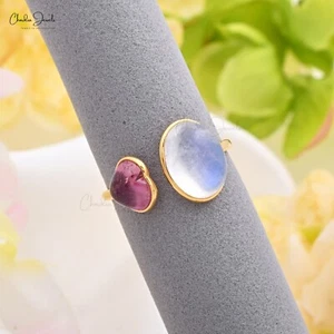 Genuine 3 Cts Moonstone & Tourmaline Cuff Ring 14k Yellow Gold Two Stone Ring - Picture 1 of 12