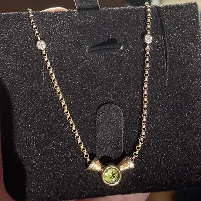 14K Solid Yellow Gold Genuine Diamond Peridot Round Pendant Necklace - Image 1 of 4
