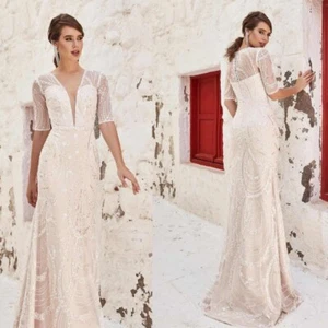 Wedding Dress Mermaid V-Neck Floral Appliqués Beaded Embroidery Body-Conscious - Picture 1 of 15