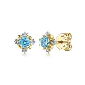 Gabriel & Co 14K Yellow Gold Round Swiss Blue Topaz and Diamond Stud Earrings - Picture 1 of 3