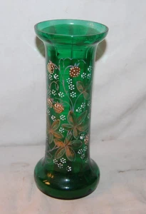 Vaso bocciolo floreale smaltato oro vetro verde vintage alto 6,75" - Foto 1 di 4