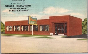 Postal de NASHVILLE, Tennessee GREER'S RESTAURANT Street View/Lino 1953 Cancelar - Imagen 1 de 2