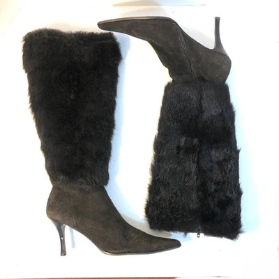 SAKS FIFTH AVENUE Dark Brown Rabbit Fur and Suede Knee High Boots - 8.5 - Image 1 of 4
