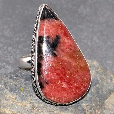 Anillo hecho a mano de piedras preciosas enchapadas en plata 925 de rodonita EE. UU. 10 joyas GW Foto 1 de 3