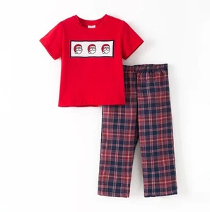 NEW Boutique Christmas Santa Smocked Embroidered Boys Plaid Pants Outfit - Picture 1 of 7