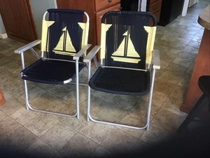 Vintage Mid Century Woven Macrame Aluminum Folding Lawn Chair ~ Sail Boats ! - Picture 1 of 13