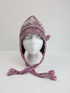 Woollen Hat Ear Flaps Pink & White Lined One Size Made in Nepal - Picture 1 of 7