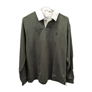 Izod Jeans Long Sleeve Rugby Polo Shirt White Collar Dark Green Cotton Size M - Picture 1 of 4