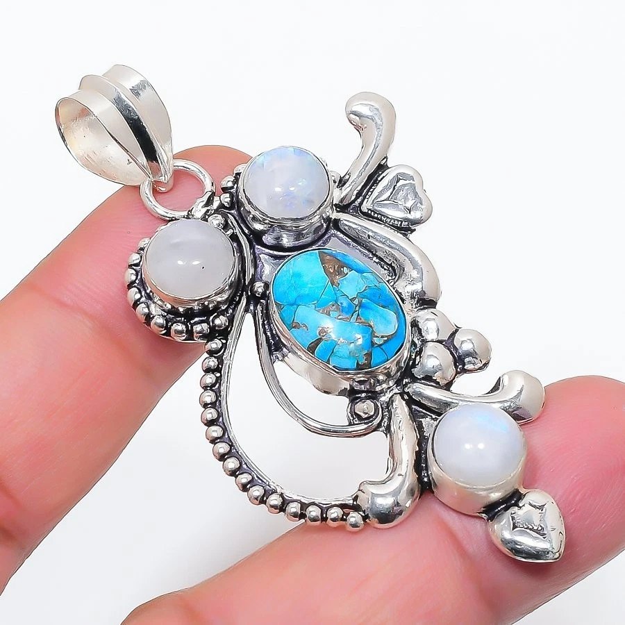 Natural Copper Turquoise Gemstone 925 Sterling Silver Jewelry Pendant Size 2.6" - Image 1 of 1